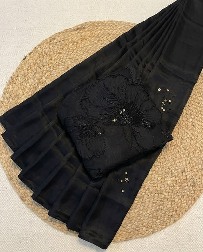 Black Magic Designer Saree with Handcrafted Ribbon Beads Floral Work Blouse | Party Wear Black Saree
