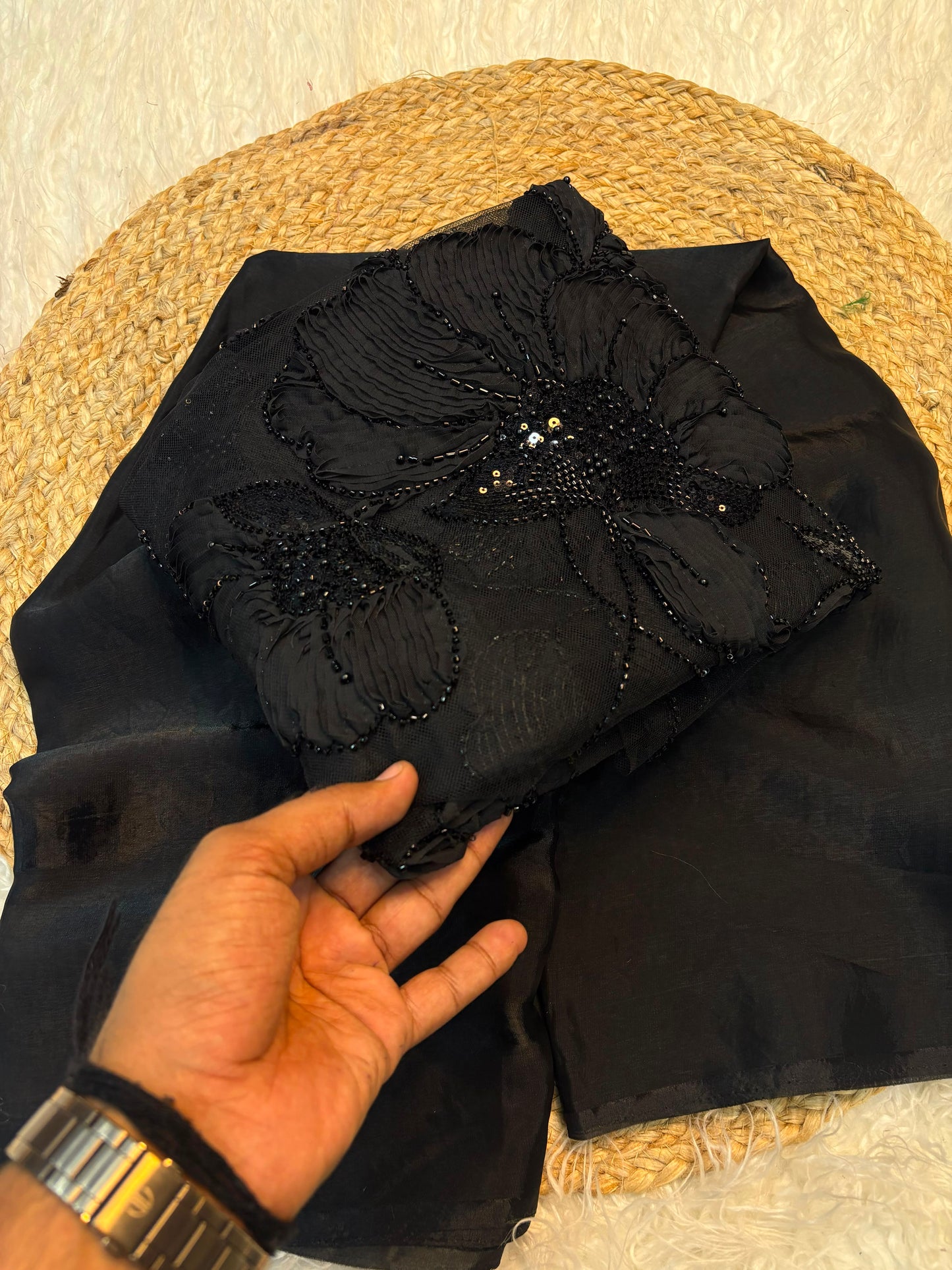 Black Magic Designer Saree with Handcrafted Ribbon Beads Floral Work Blouse | Party Wear Black Saree
