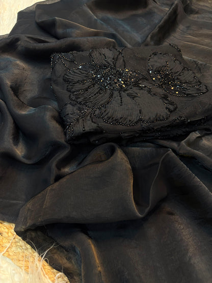 Black Magic Designer Saree with Handcrafted Ribbon Beads Floral Work Blouse | Party Wear Black Saree