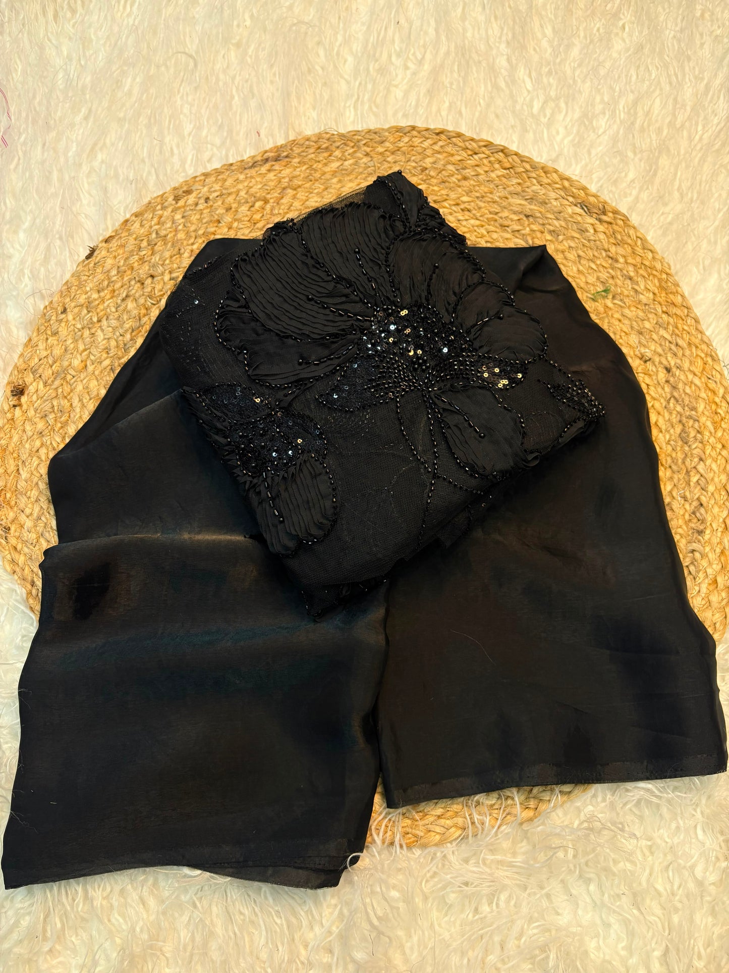 Black Magic Designer Saree with Handcrafted Ribbon Beads Floral Work Blouse | Party Wear Black Saree