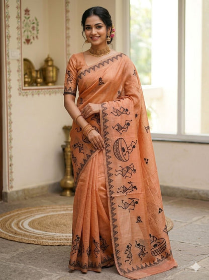 Peach Tribal Art Linen Cotton Saree with Warli Print & Tassel Pallu | Lightweight Ethnic Daily Wear