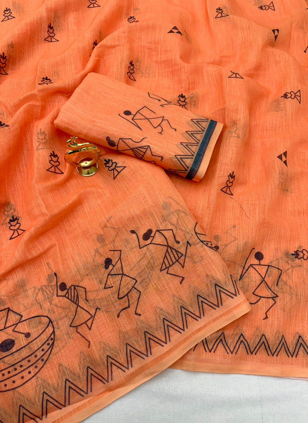 Peach Tribal Art Linen Cotton Saree with Warli Print & Tassel Pallu | Lightweight Ethnic Daily Wear
