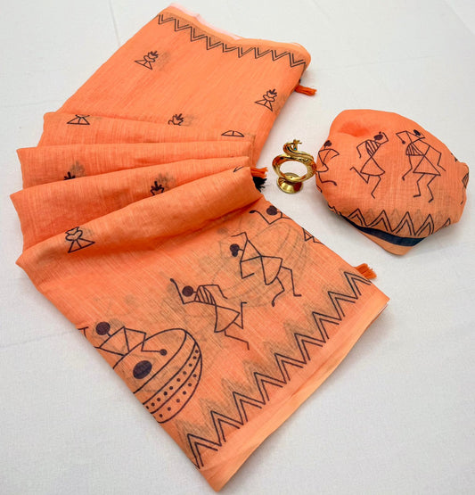Peach Tribal Art Linen Cotton Saree with Warli Print & Tassel Pallu | Lightweight Ethnic Daily Wear