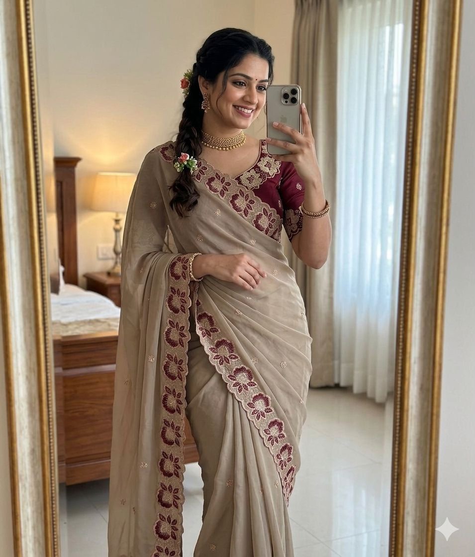 Royal Beige Star Georgette Saree with Maroon Floral Embroidery Border & Running Blouse