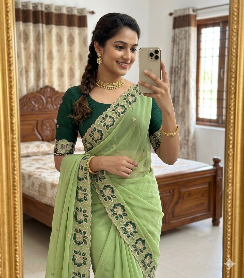 Mint Green Star Georgette Saree with Emerald Floral Embroidery Border & Running Blouse