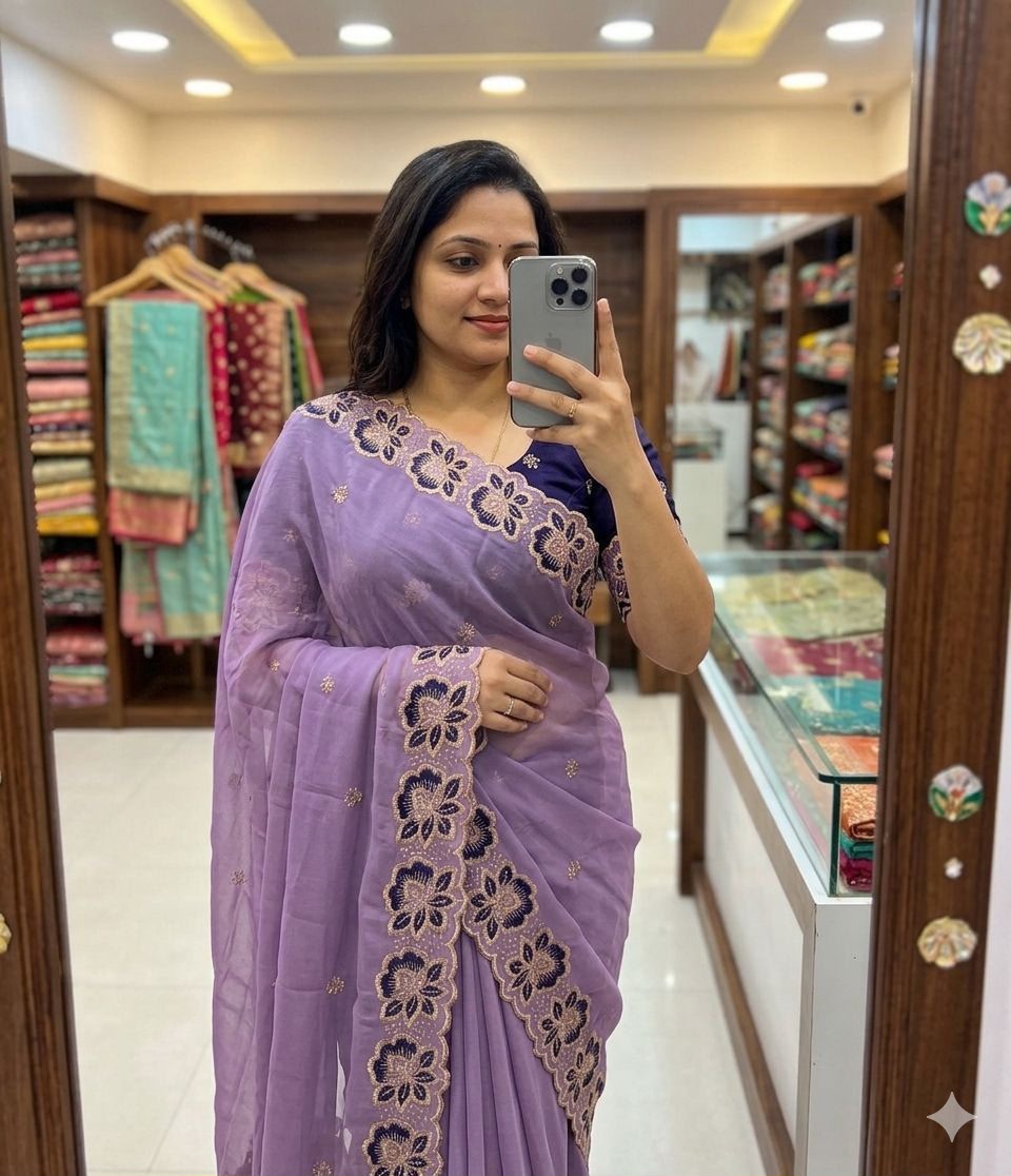 Lavender Bloom Star Georgette Saree with Floral Embroidery Border & Running Blouse