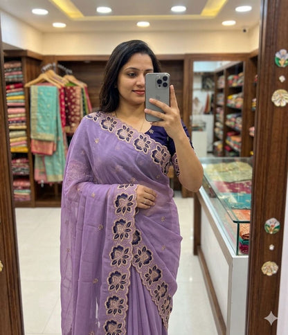 Lavender Bloom Star Georgette Saree with Floral Embroidery Border & Running Blouse