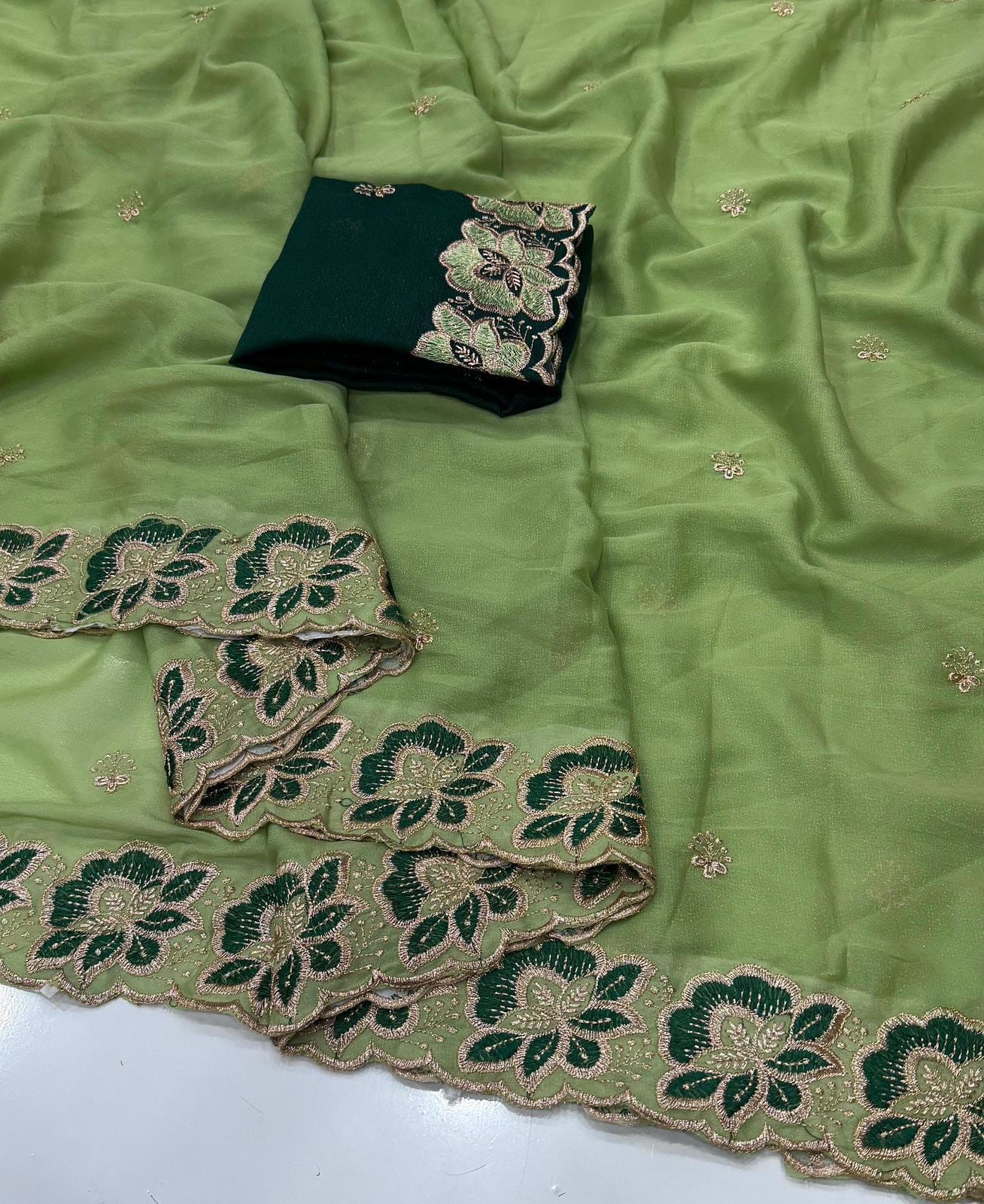 Mint Green Star Georgette Saree with Emerald Floral Embroidery Border & Running Blouse