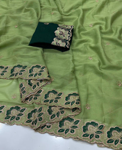 Mint Green Star Georgette Saree with Emerald Floral Embroidery Border & Running Blouse