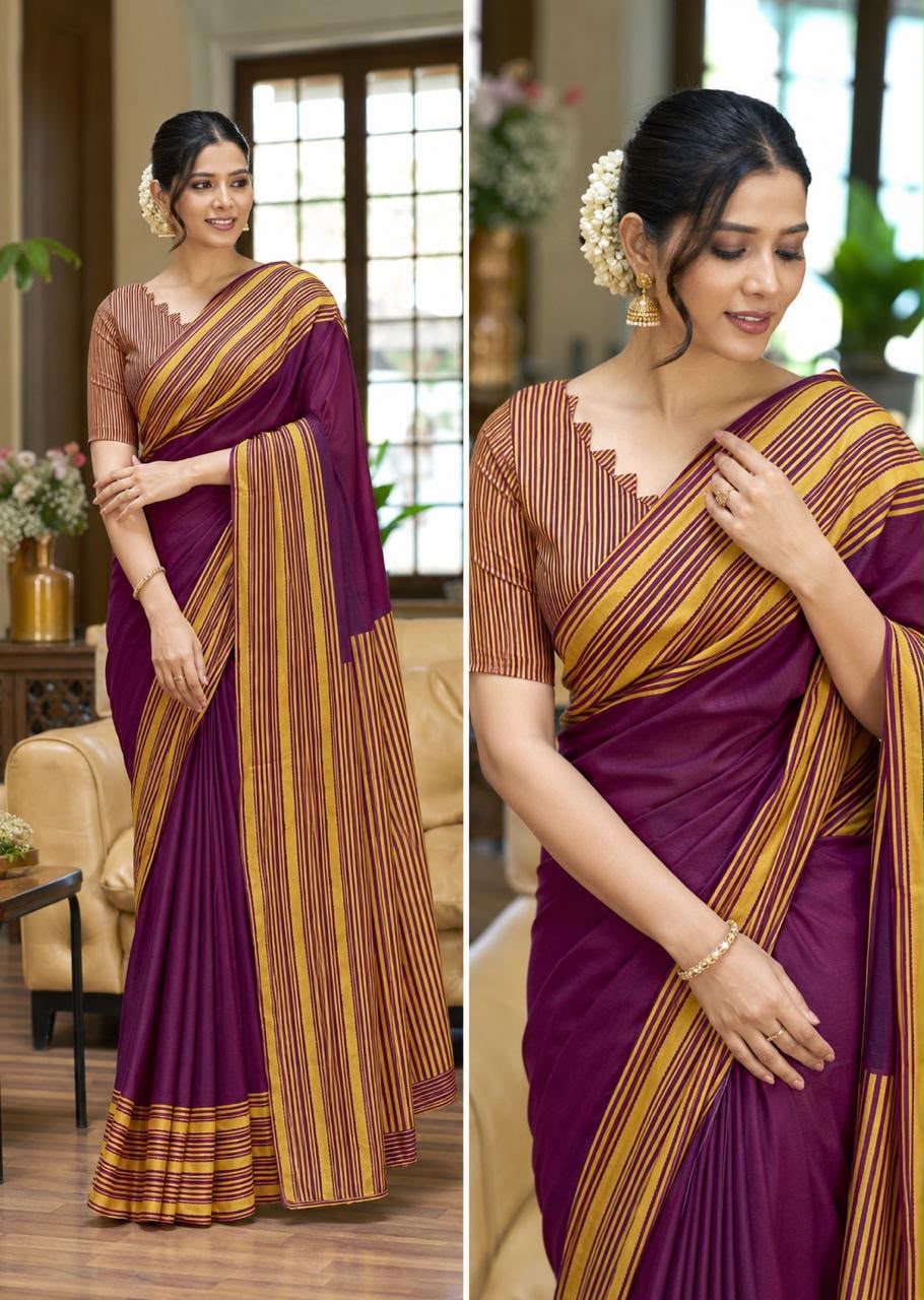 Royal Wine Purple Cracle Silk Saree with Mustard Striped Border & Running Blouse