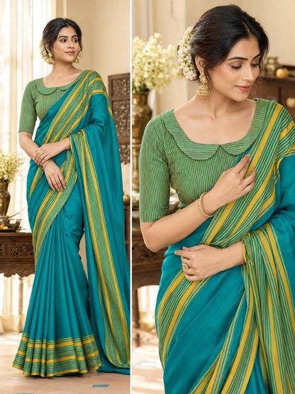 Elegant Peacock Blue Cracle Silk Saree with Mustard Striped Border & Running Blouse