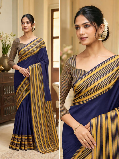 Classic Royal Blue Cracle Silk Saree with Mustard Striped Border & Running Blouse