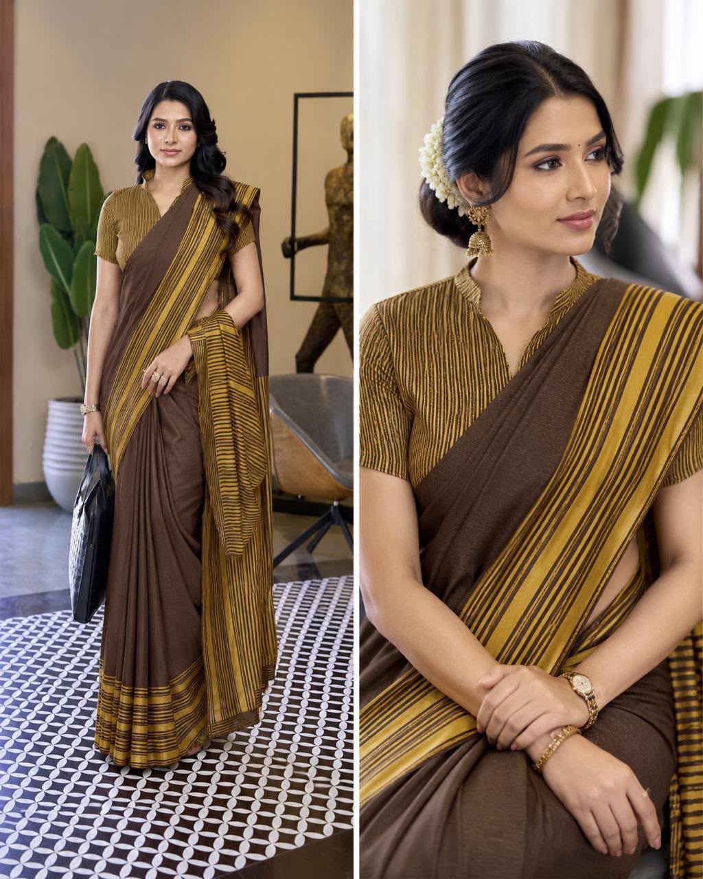 Elegant Coffee Brown Cracle Silk Saree with Mustard Striped Border & Running Blouse