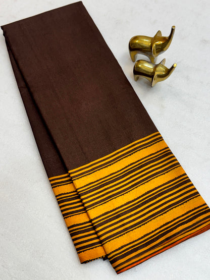 Elegant Coffee Brown Cracle Silk Saree with Mustard Striped Border & Running Blouse