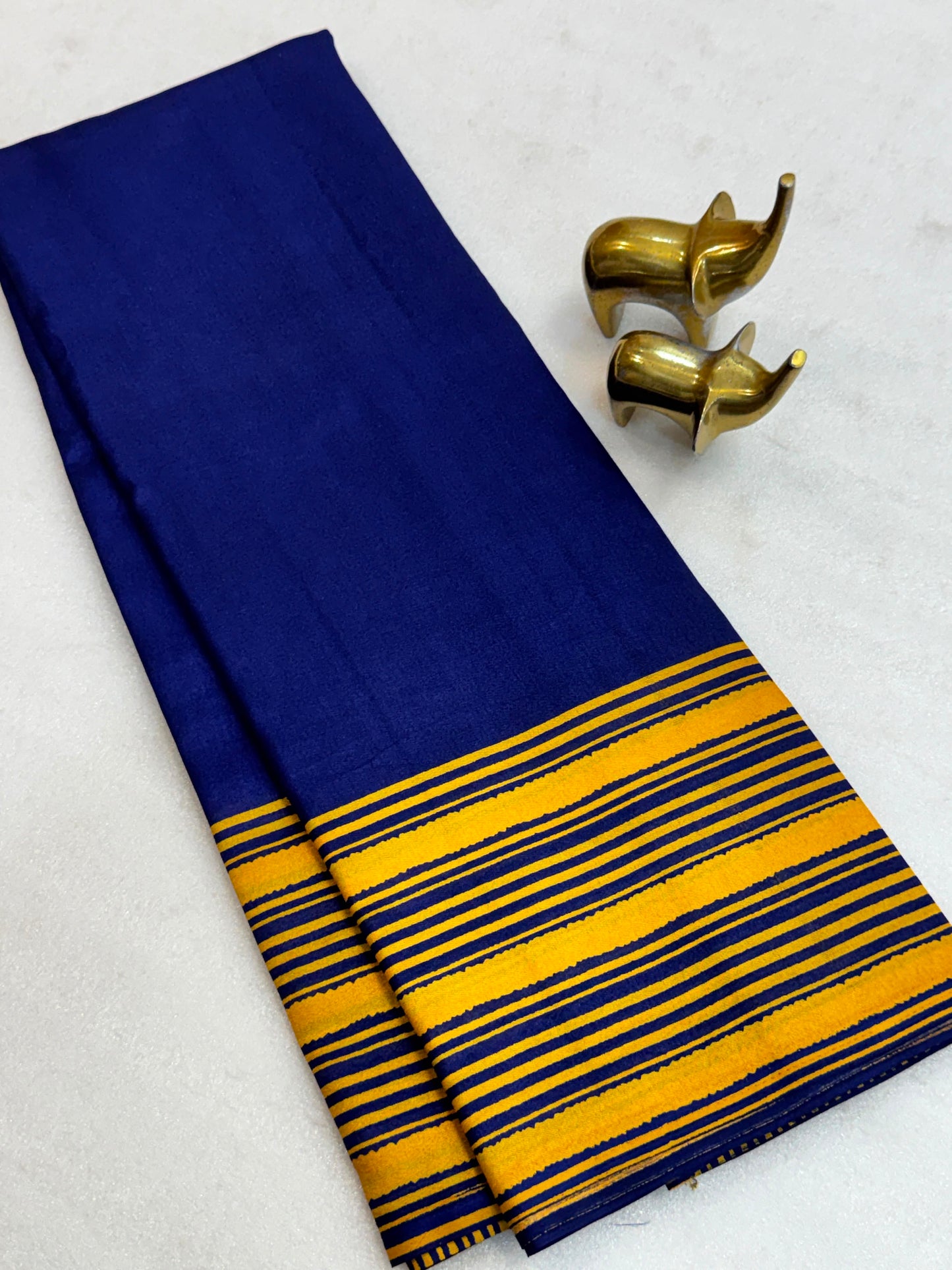 Classic Royal Blue Cracle Silk Saree with Mustard Striped Border & Running Blouse