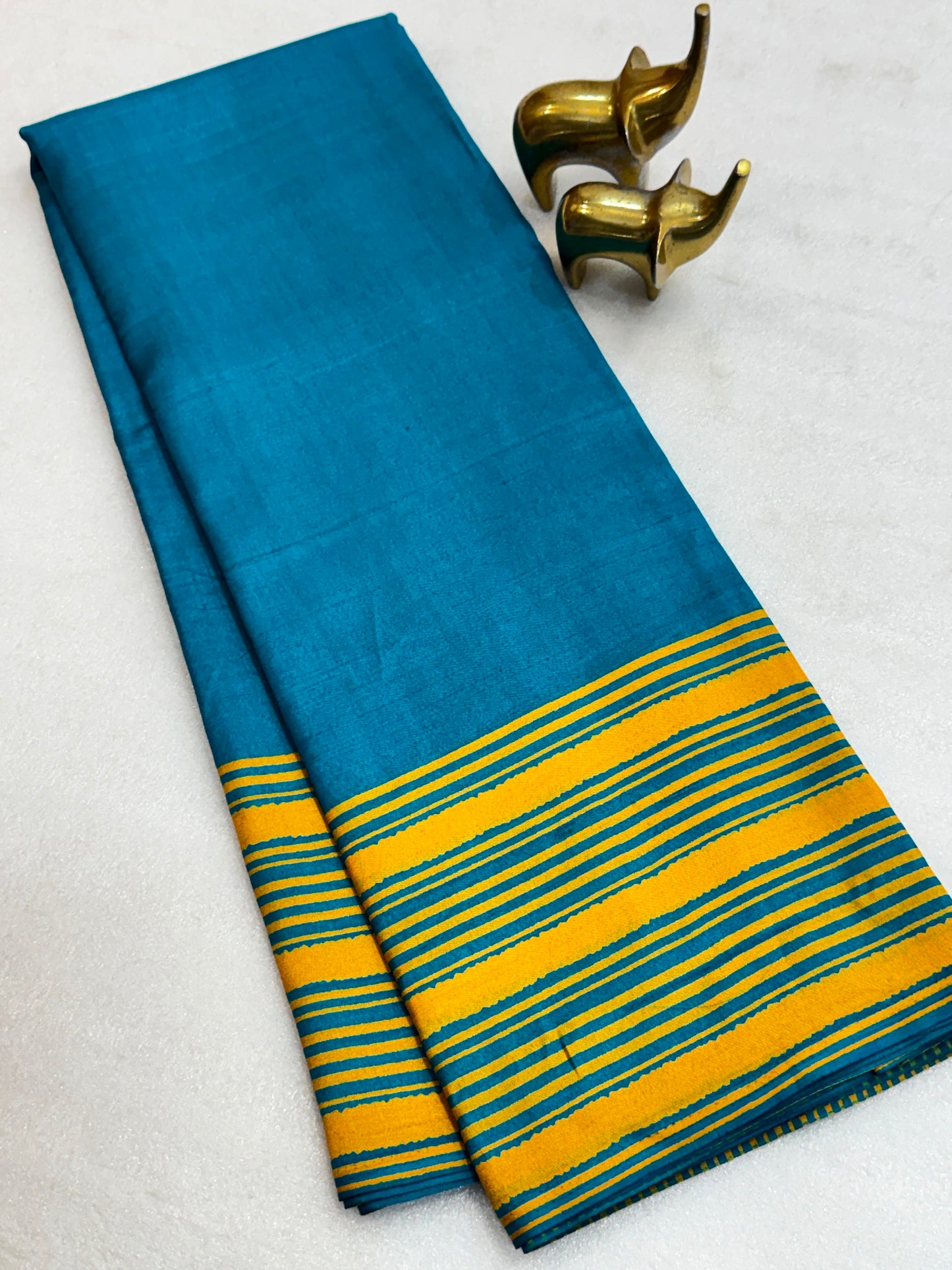 Elegant Peacock Blue Cracle Silk Saree with Mustard Striped Border & Running Blouse