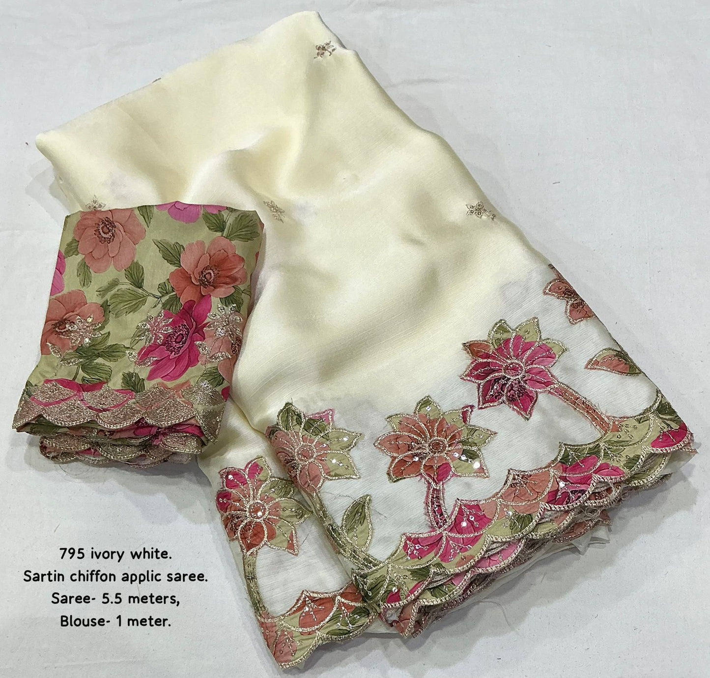 Premium Ivory White Satin Chiffon Saree with Floral Applique Embroidery & Designer Blouse