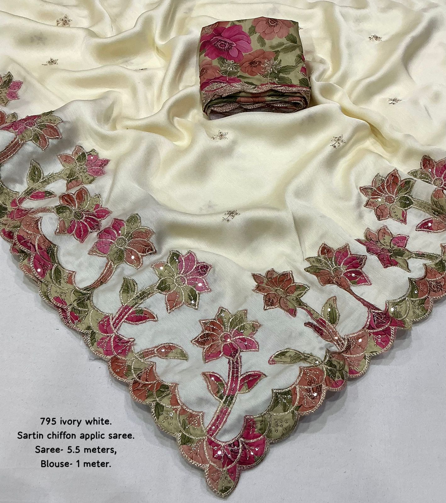 Premium Ivory White Satin Chiffon Saree with Floral Applique Embroidery & Designer Blouse