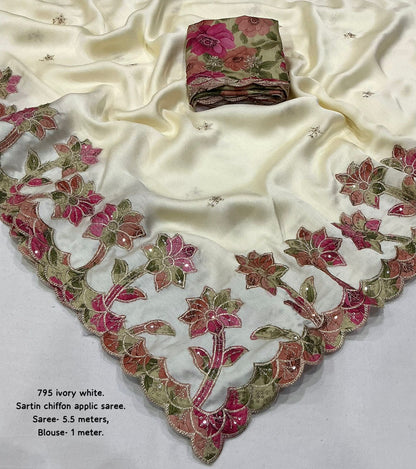 Premium Ivory White Satin Chiffon Saree with Floral Applique Embroidery & Designer Blouse