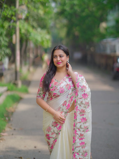 Premium Ivory White Satin Chiffon Saree with Floral Applique Embroidery & Designer Blouse
