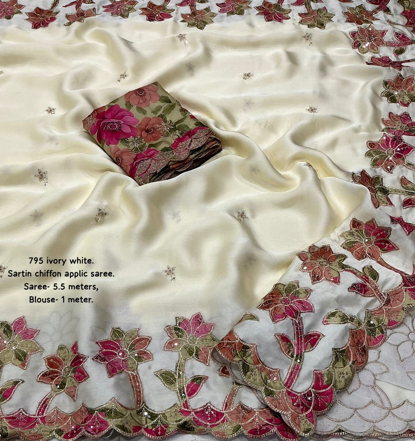 Premium Ivory White Satin Chiffon Saree with Floral Applique Embroidery & Designer Blouse
