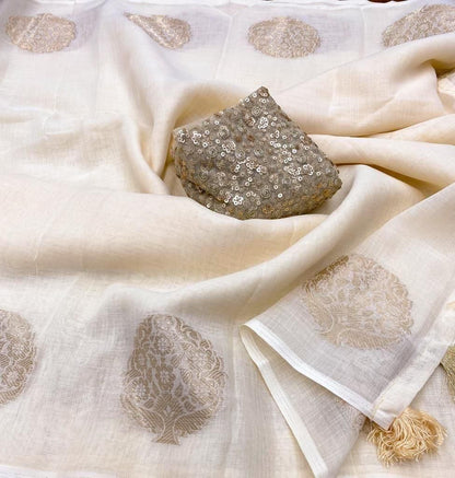 Premium Kerala Linen Off White Saree with Woven Zari Motifs & Heavy Sequin Blouse