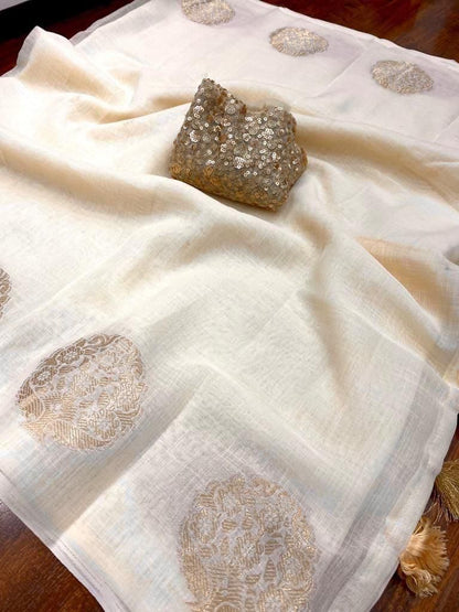 Premium Kerala Linen Off White Saree with Woven Zari Motifs & Heavy Sequin Blouse