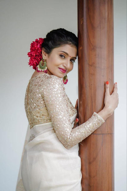 Premium Kerala Linen Off White Saree with Woven Zari Motifs & Heavy Sequin Blouse