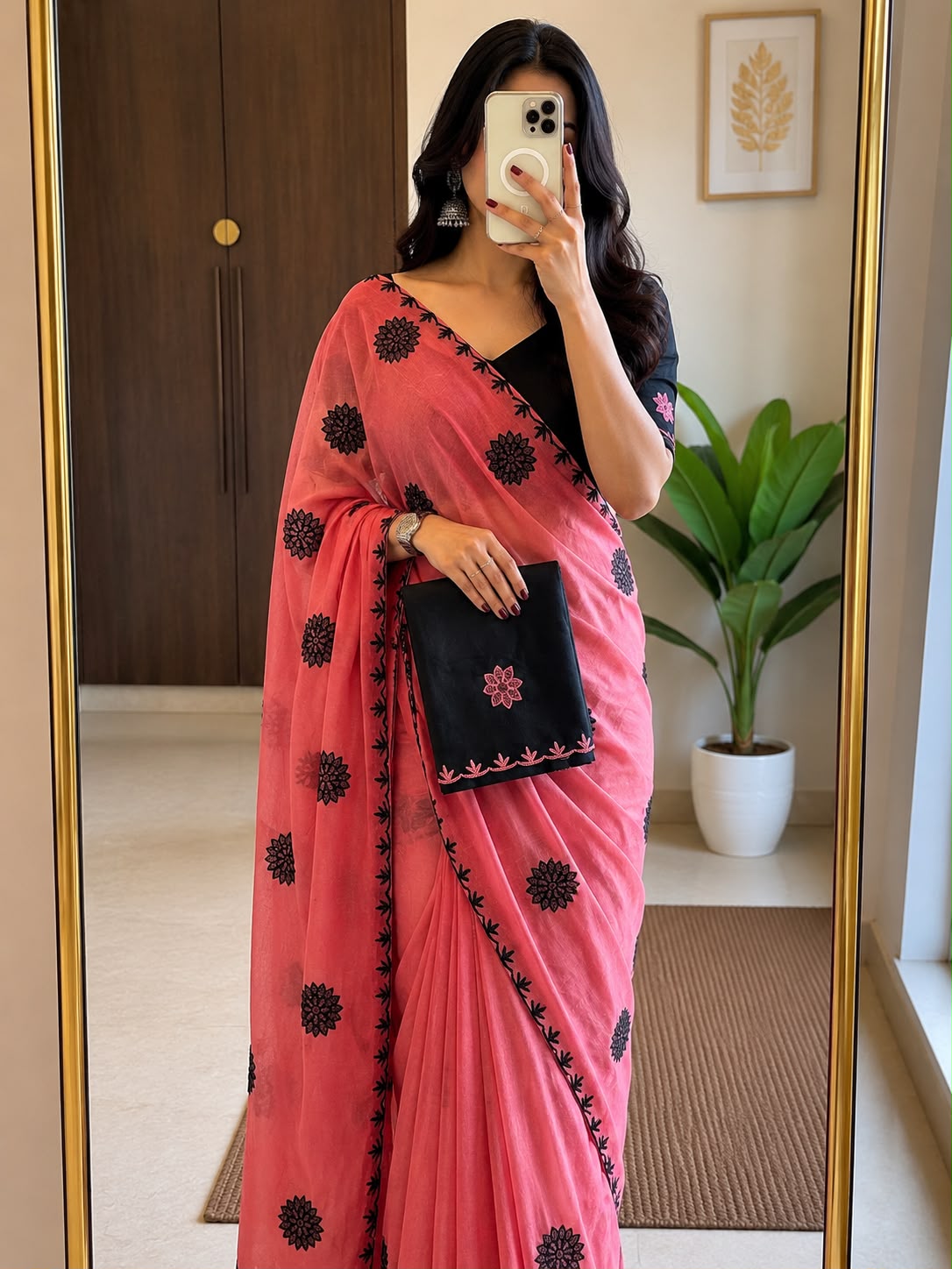 Coral Pink Star Georgette Embroidered Saree with Floral Motifs & Running Blouse