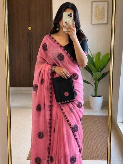 Blush Pink Star Georgette Embroidered Saree with Floral Motifs & Running Blouse