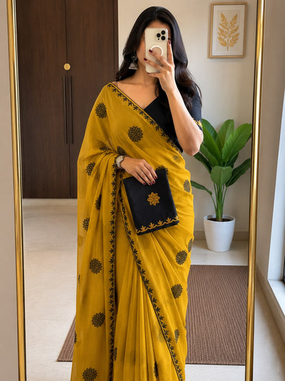 Sunshine Star Georgette Embroidered Saree with Floral Motifs & Running Blouse