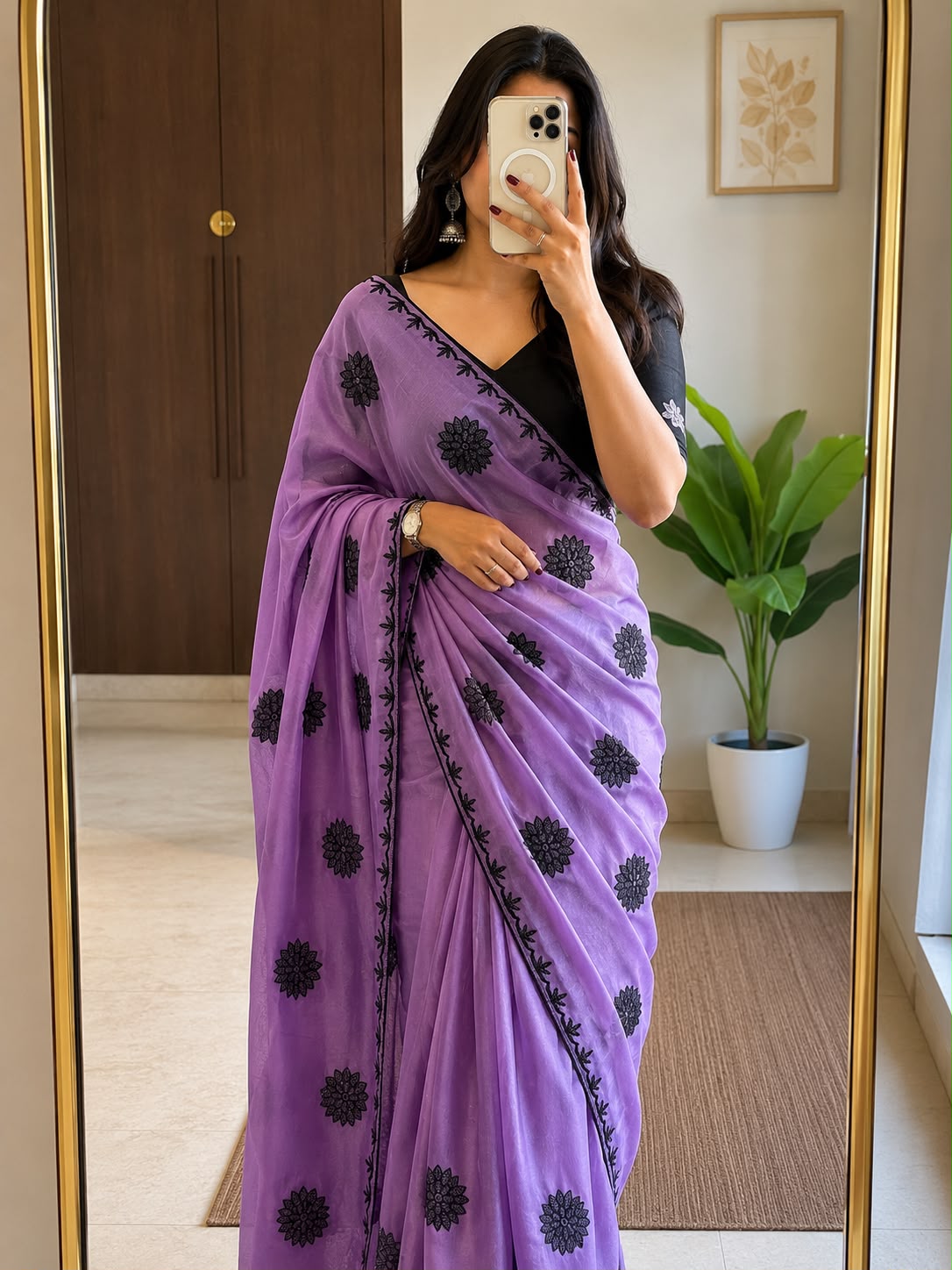 Lavender Star Georgette Saree with Black Floral Embroidery & Running Blouse
