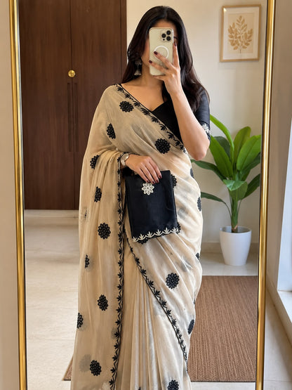 Elegant Floral Embroidered Star Georgette Saree with Designer Lace Border & Running Blouse