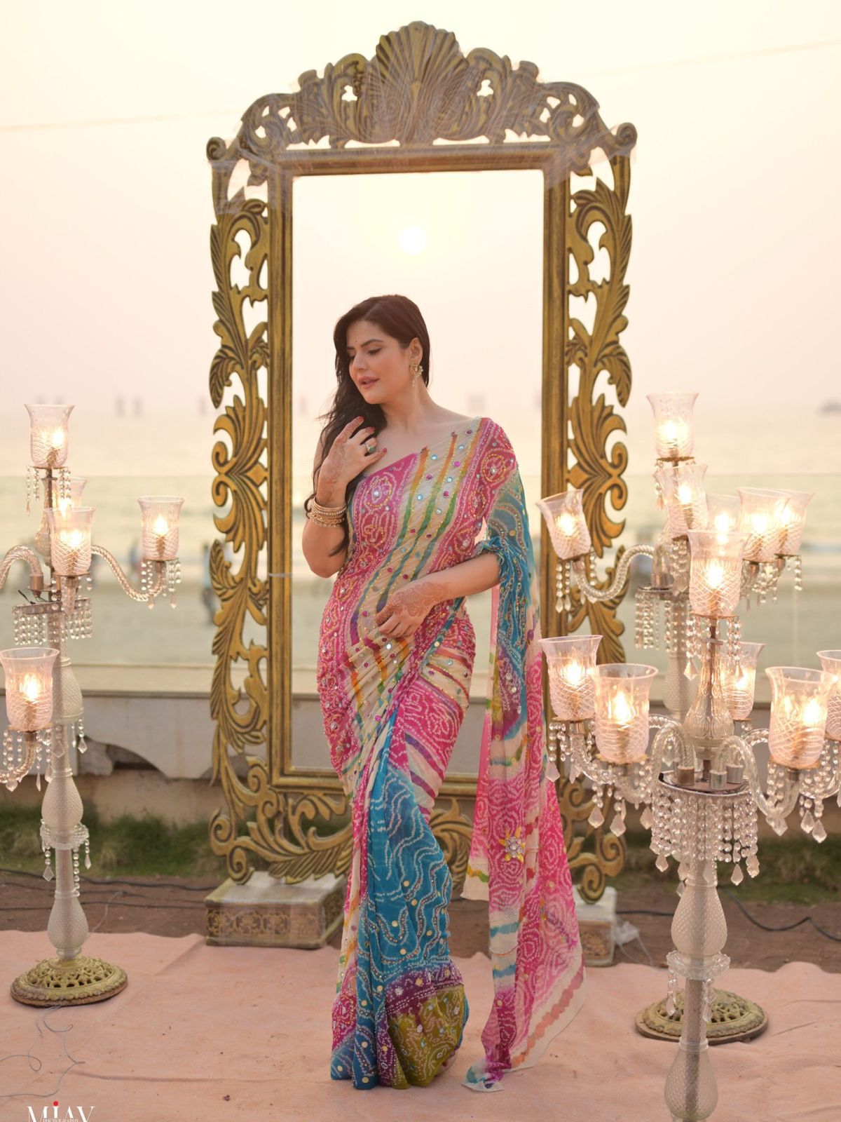 Royal Bandhani Leheriya Digital Print Tebby Silk Saree with Mirror & Sequence Embroidery Work