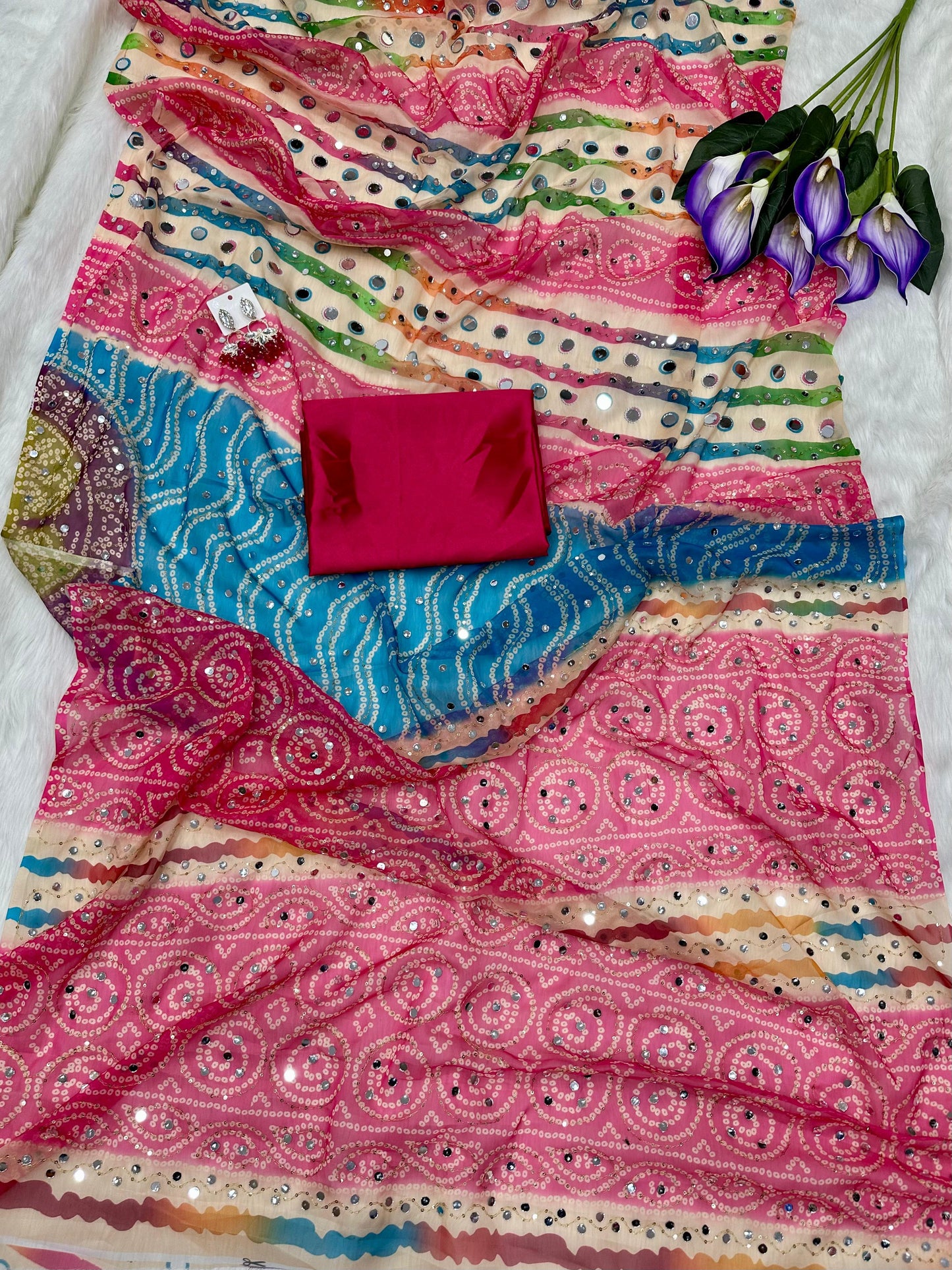 Royal Bandhani Leheriya Digital Print Tebby Silk Saree with Mirror & Sequence Embroidery Work
