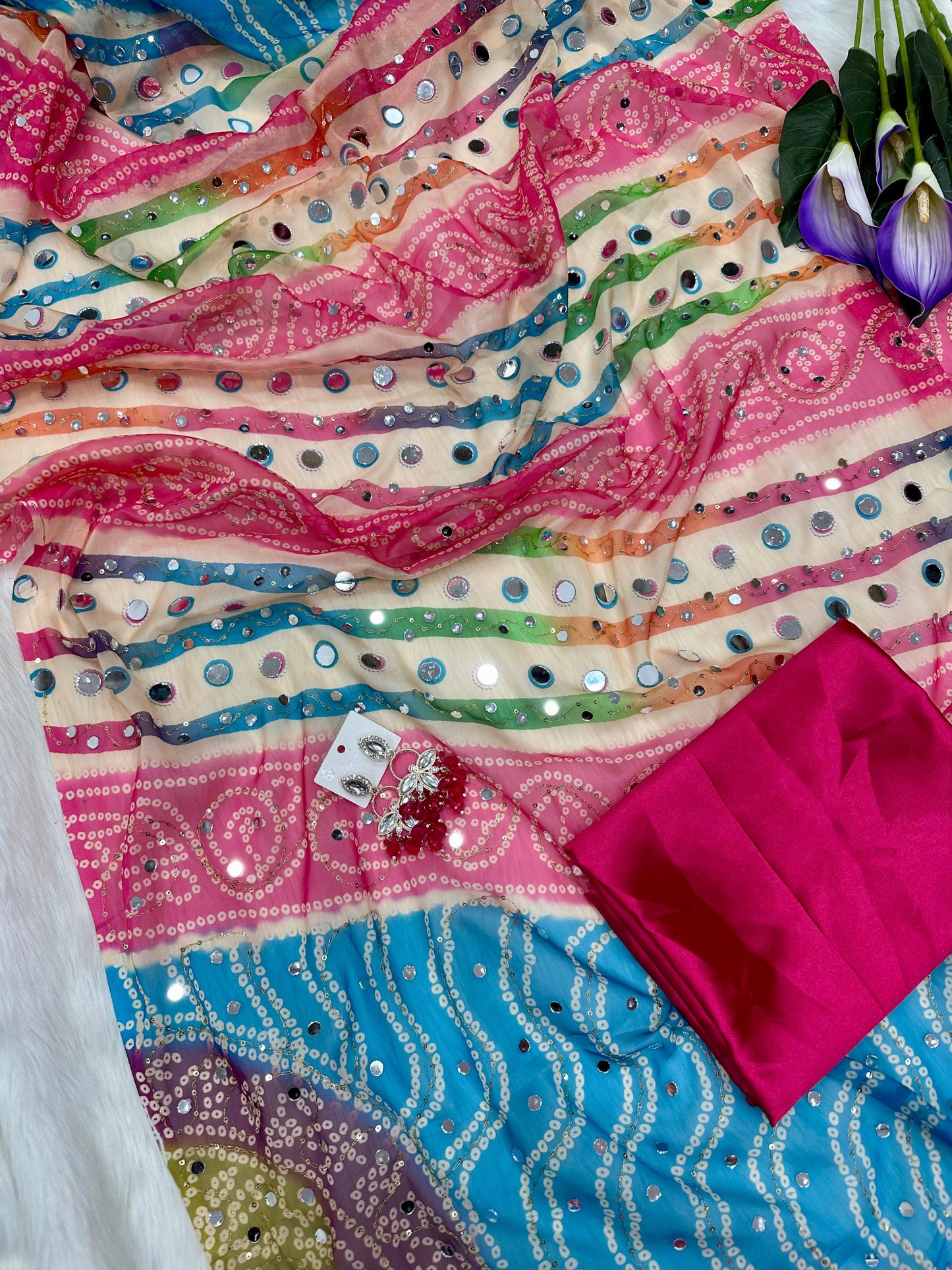 Royal Bandhani Leheriya Digital Print Tebby Silk Saree with Mirror & Sequence Embroidery Work