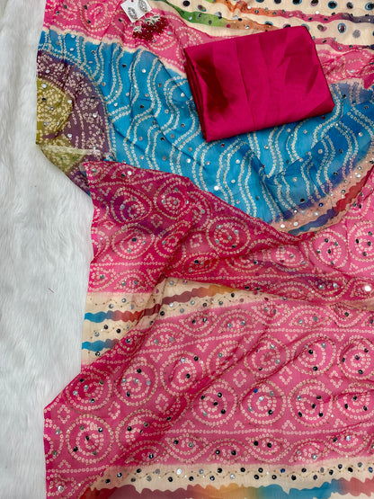 Royal Bandhani Leheriya Digital Print Tebby Silk Saree with Mirror & Sequence Embroidery Work