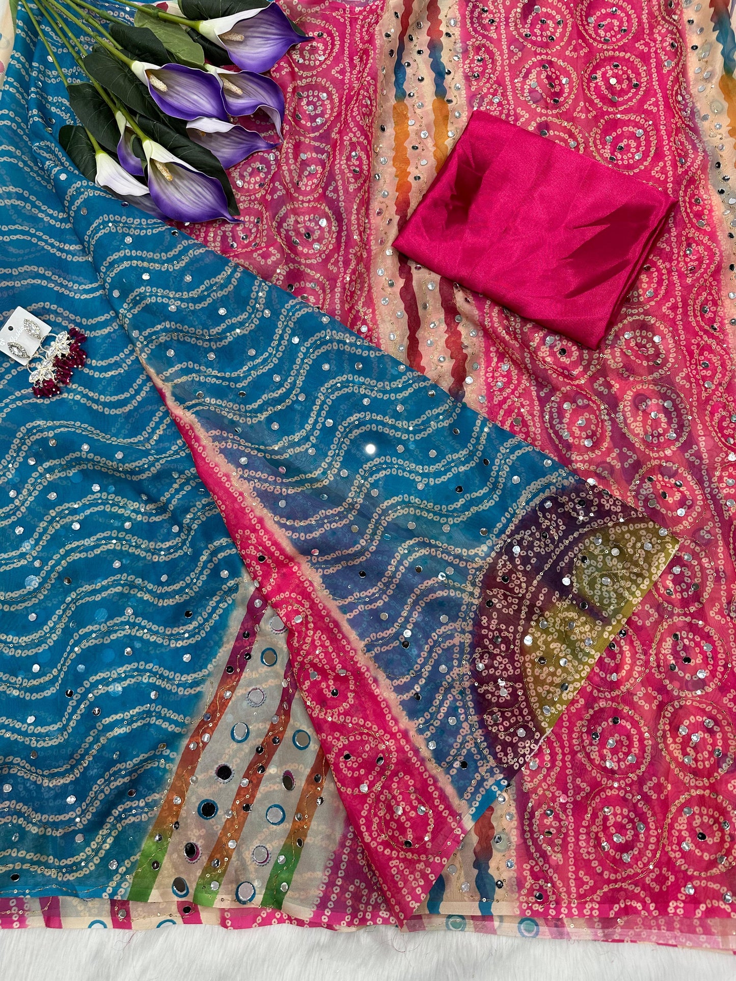 Royal Bandhani Leheriya Digital Print Tebby Silk Saree with Mirror & Sequence Embroidery Work