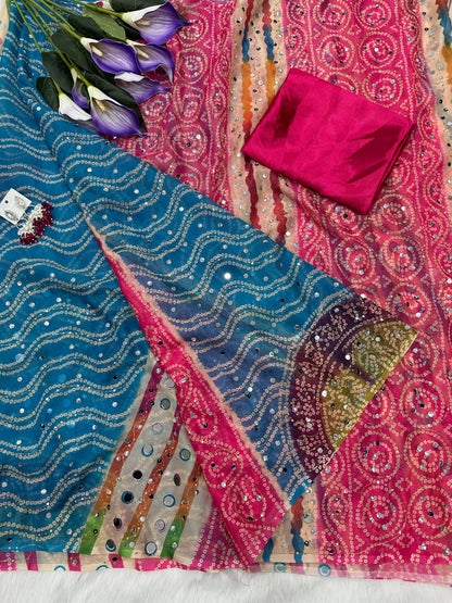 Royal Bandhani Leheriya Digital Print Tebby Silk Saree with Mirror & Sequence Embroidery Work