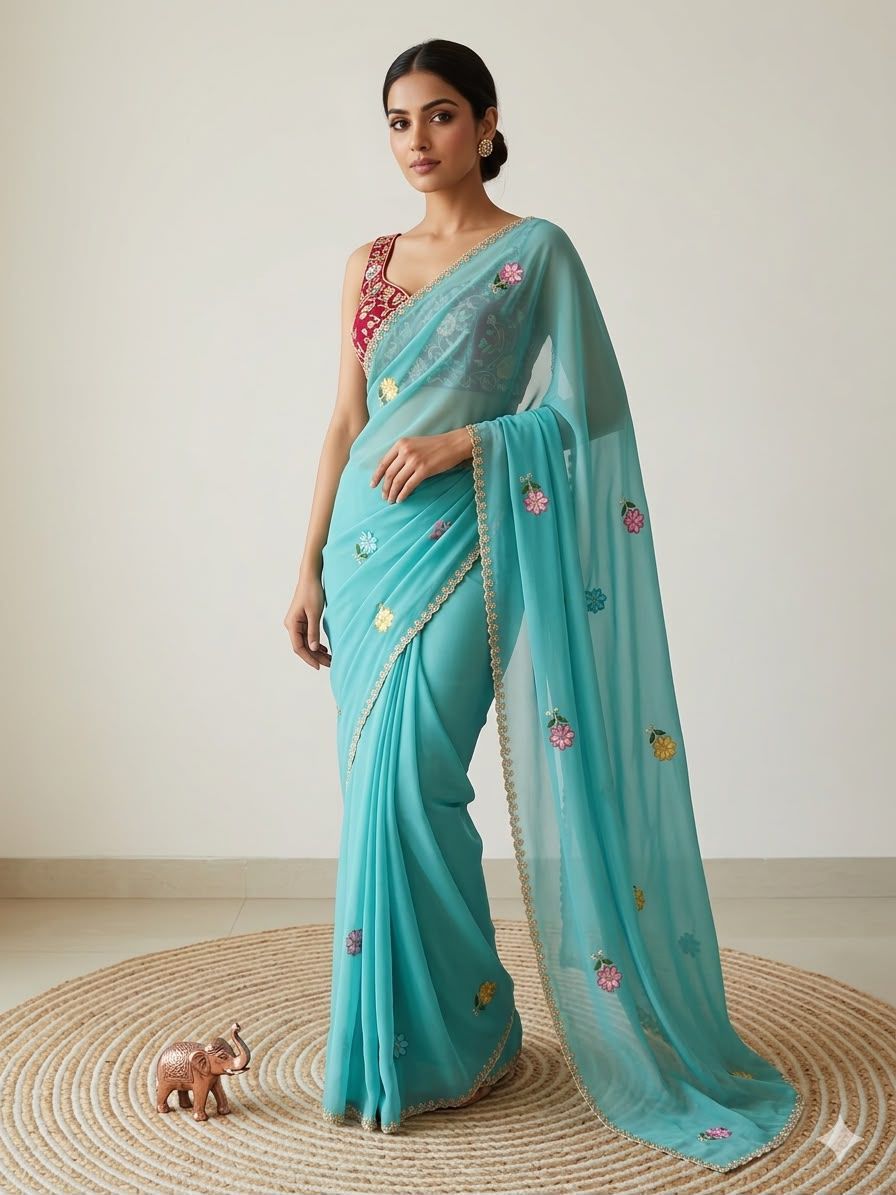 Karma Aqua Blue Shining Georgette Saree with Floral Embroidery & Contrast Designer Blouse