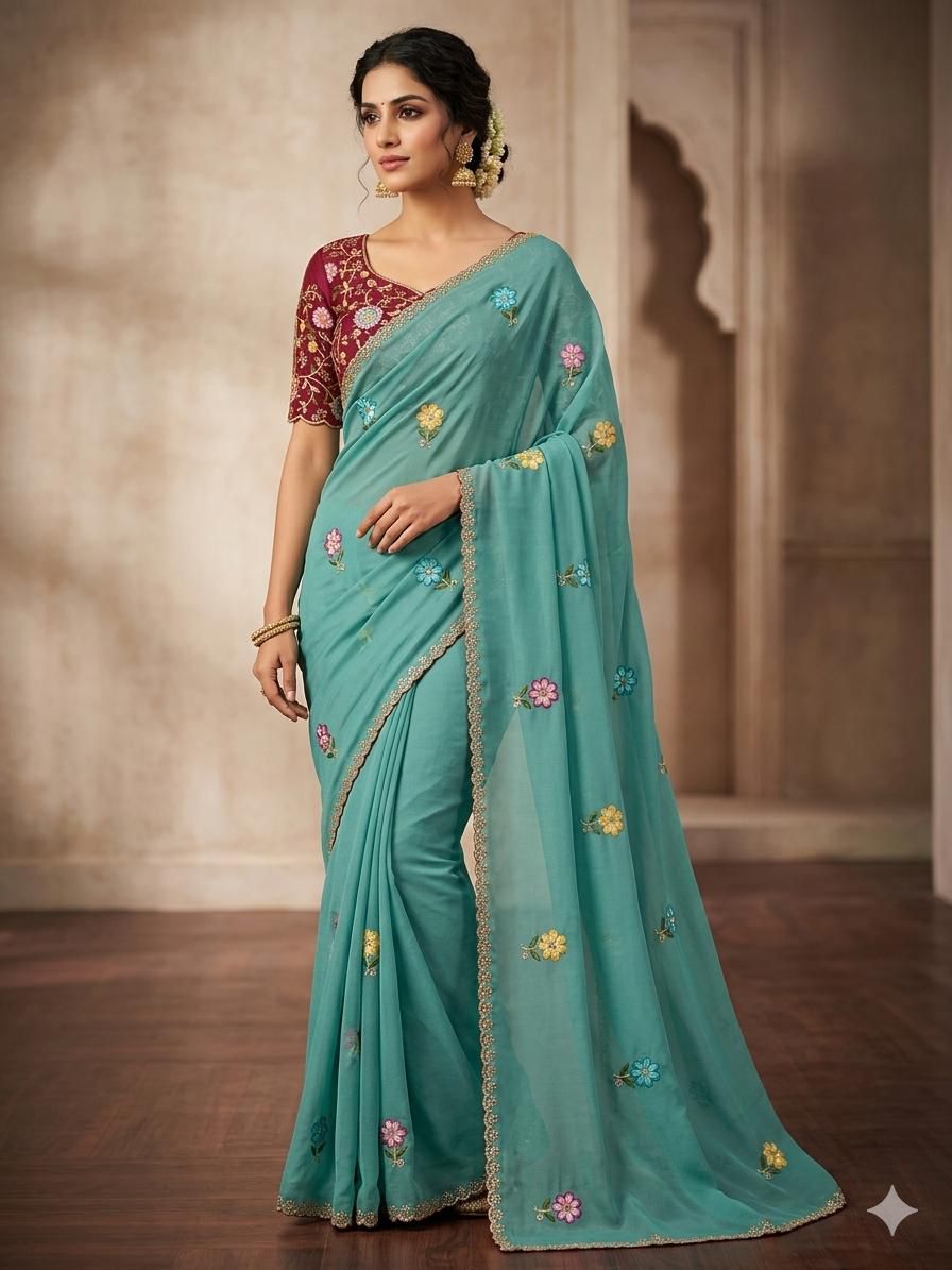 Karma Aqua Blue Shining Georgette Saree with Floral Embroidery & Contrast Designer Blouse