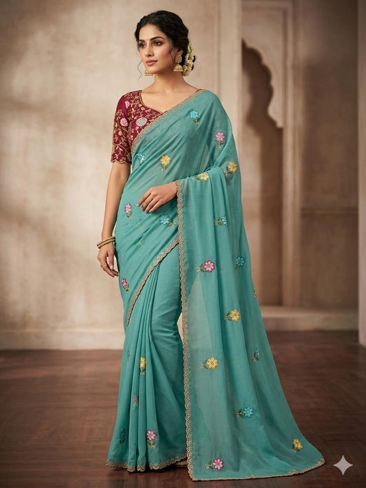 Karma Aqua Blue Shining Georgette Saree with Floral Embroidery & Contrast Designer Blouse
