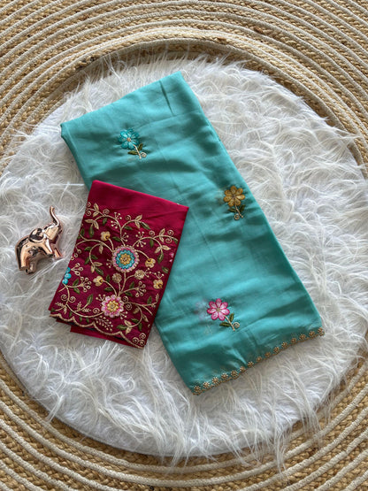 Karma Aqua Blue Shining Georgette Saree with Floral Embroidery & Contrast Designer Blouse