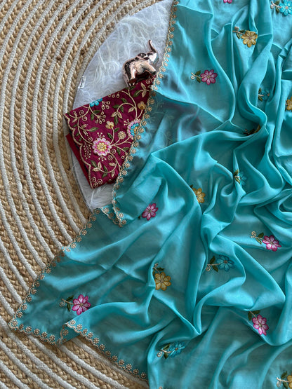 Karma Aqua Blue Shining Georgette Saree with Floral Embroidery & Contrast Designer Blouse
