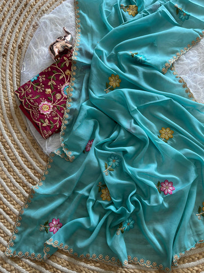 Karma Aqua Blue Shining Georgette Saree with Floral Embroidery & Contrast Designer Blouse
