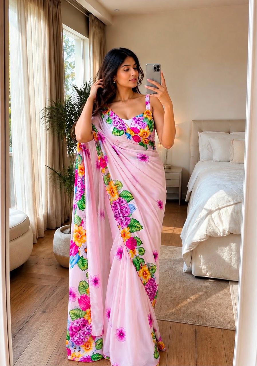 Bareli-3 Blush Pink Soft Shinon Saree with Floral Print & Contrast Arco Cutwork Border
