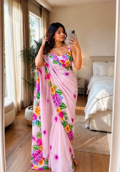 Bareli-3 Blush Pink Soft Shinon Saree with Floral Print & Contrast Arco Cutwork Border
