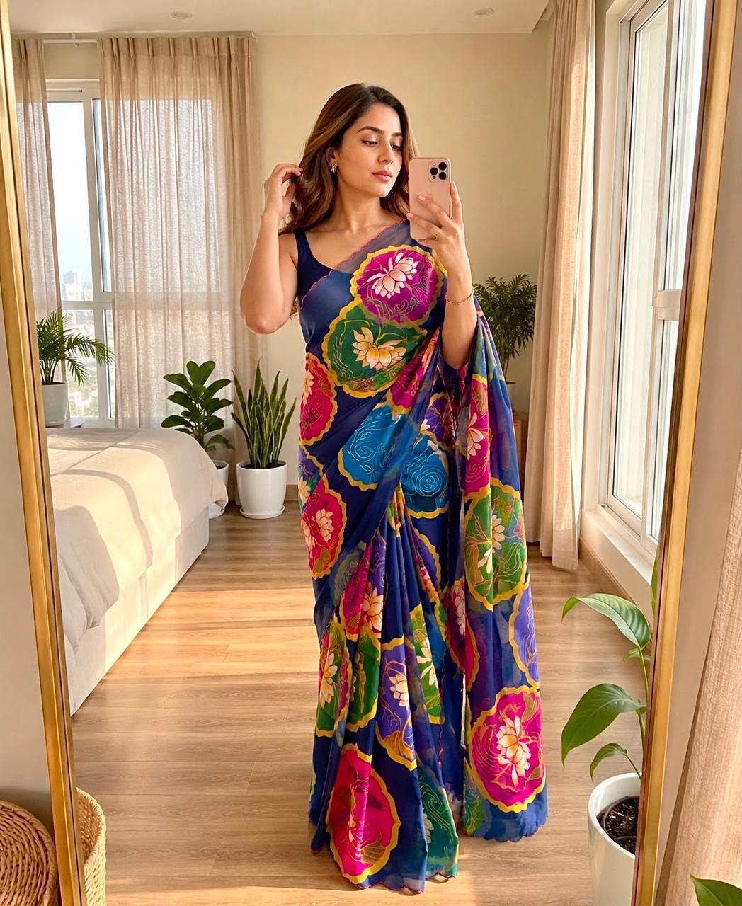 Bareli-3 Royal Blue Soft Shinon Saree with Lotus Floral Print & Contrast Arco Cutwork Border