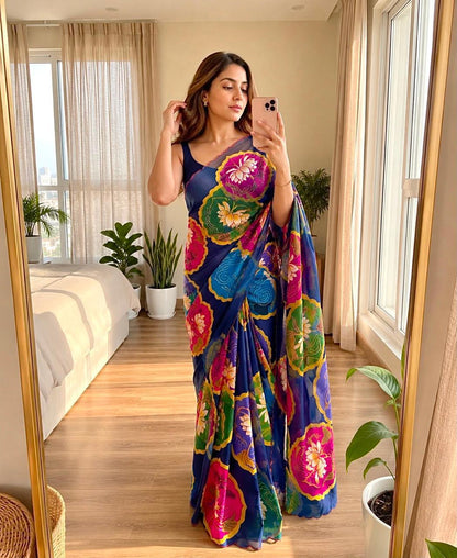Bareli-3 Royal Blue Soft Shinon Saree with Lotus Floral Print & Contrast Arco Cutwork Border