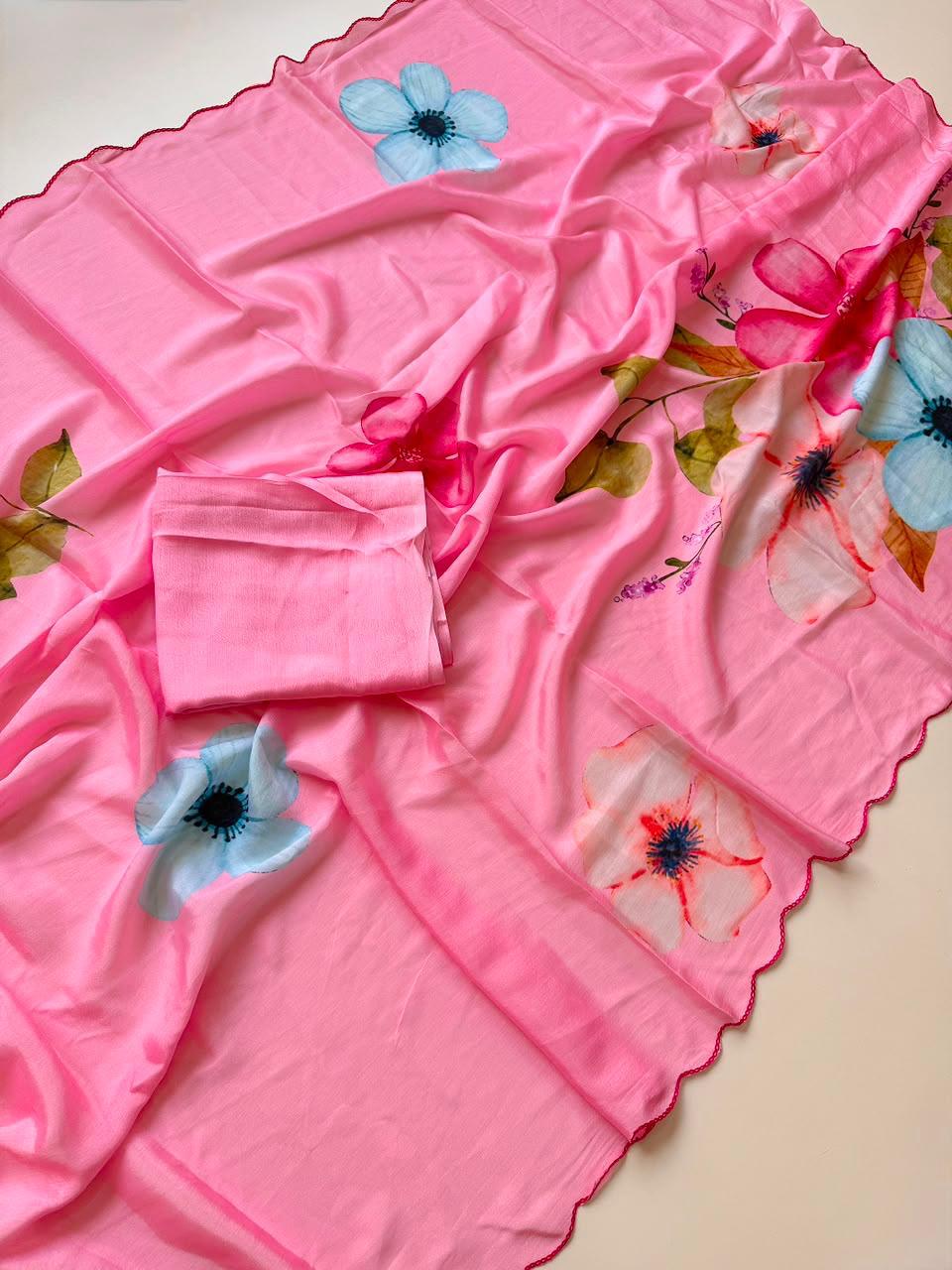 Bareli-3 Baby Pink Soft Shinon Saree with Floral Print & Contrast Arco Cutwork Border
